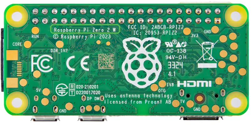 The back of a Raspberry Pi board. A green box marks the printed text “Raspberry Pi Zero 2 W”.
