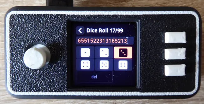 The SeedSigner dice entry screen showing “Dice Roll 17/99”, the rolls so far, six dice faces and a “del” key.