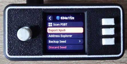 The SeedSigner seed menu with “Export Xpub” highlighted.